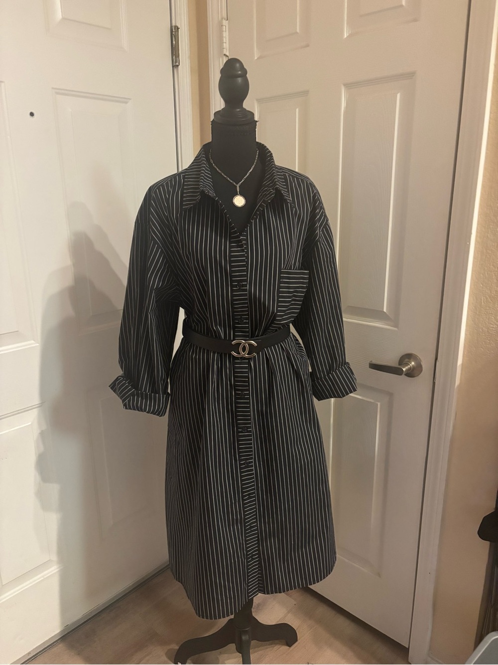 a new day Black Pinstripe Midi Shirt Dress